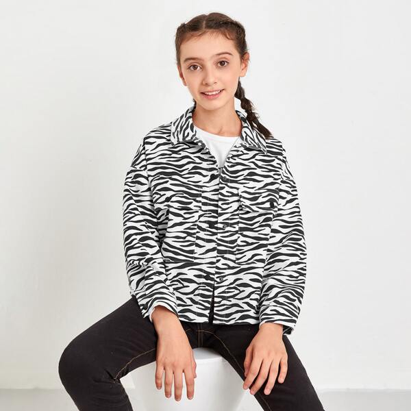 

Girls Flap Pocket Zebra Striped Jacket, Black and white