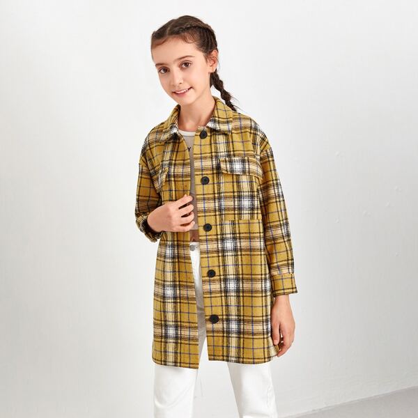 

Girls Collared Flap Pocket Front Plaid Coat, Multicolor