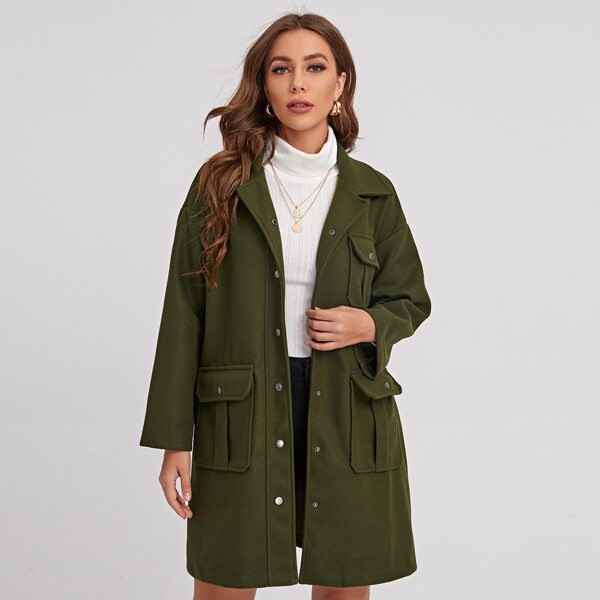 

Drop Shoulder Flap Pocket Button Front Coat, Army green