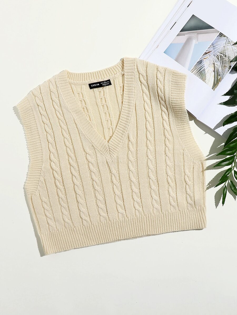 SHEIN LUNE Atasan rajut Plain Casual - Krem - View 1