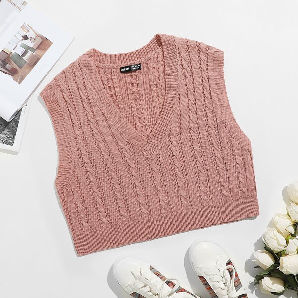 

Cable Knit V-neck Sweater Vest, Dusty pink