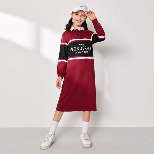 

Girls Slogan Graphic Colorblock Polo Dress, Burgundy