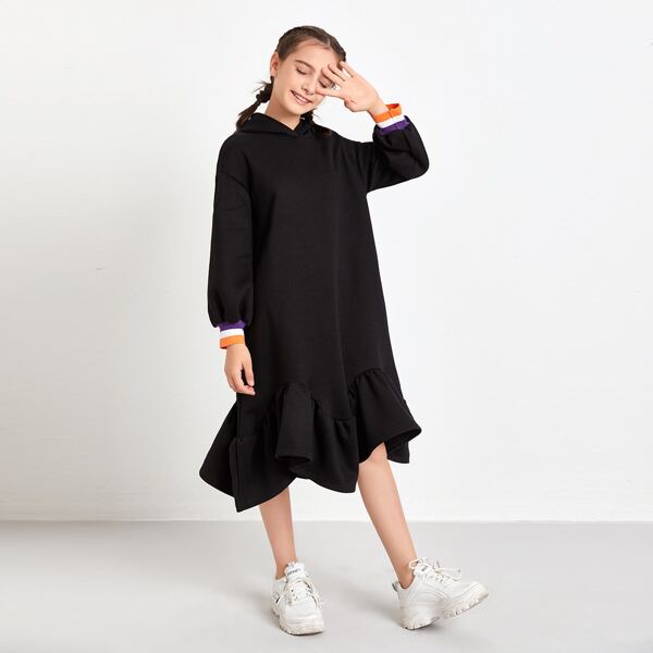 

Girls Drop Shoulder Hanky Ruffle Hem Hooded Sweatshirt Dress, Black