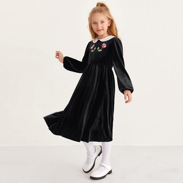 

Girls Contrast Collar Embroidery Floral Velvet Dress, Black