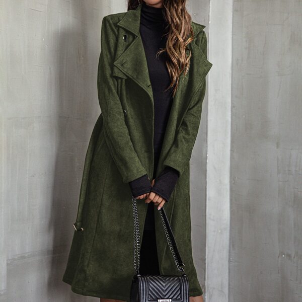 

Buckle Belted Double Breasted Suede Coat, Dark green