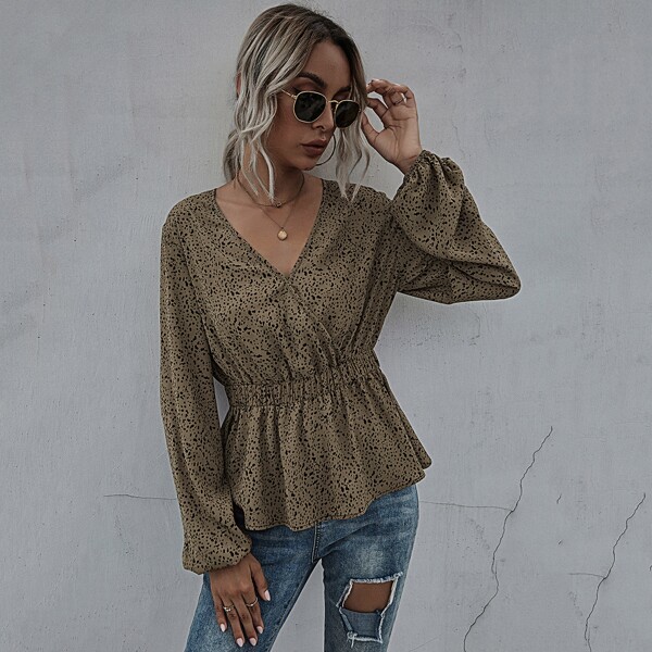 

All Over Print Peplum Blouse, Mocha brown