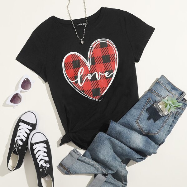 

Plaid Letter Graphic Short Sleeve Tee, Black