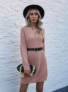 SHEIN LUNE Waffle Knit Half Button Sweater Dress - Dusty Pink - View 5