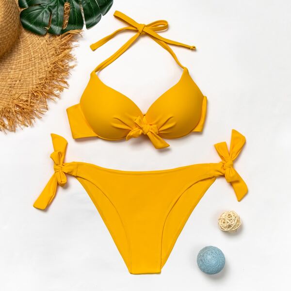 

Knot Front Push Up Tie Side Bikini Swimsuit, Yellow