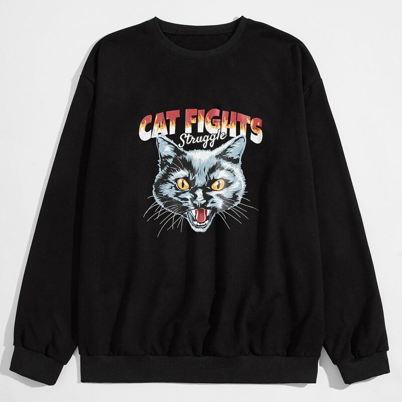 

Guys Cat & Letter Graphic Sweatshirt, Black