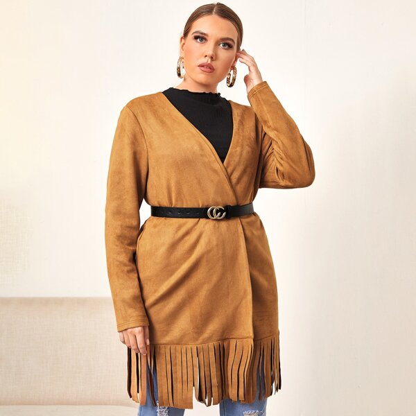 

Plus Fringe Hem Suede Coat Without Belt, Brown