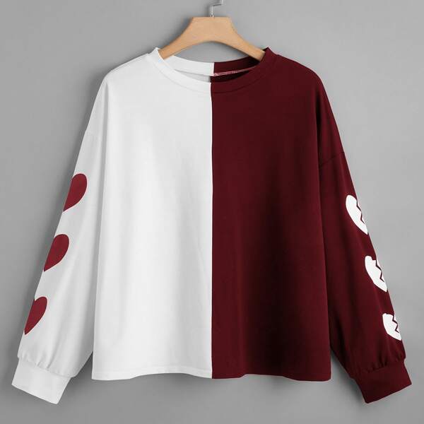 

Plus Colorblock Heart Print Sweatshirt, Red and white
