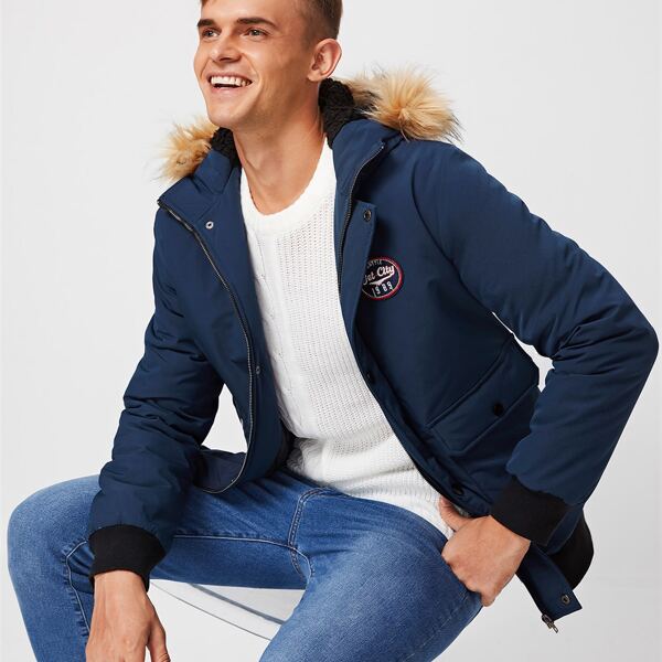 

Men Patch Detail Flap Pocket Puffer Jacket, Navy blue
