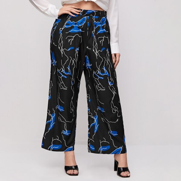 

Plus Elastic Waist Lightning Print Pants, Black