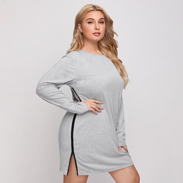 

Plus Contrast Binding Zip Side Tee Dress, Light grey