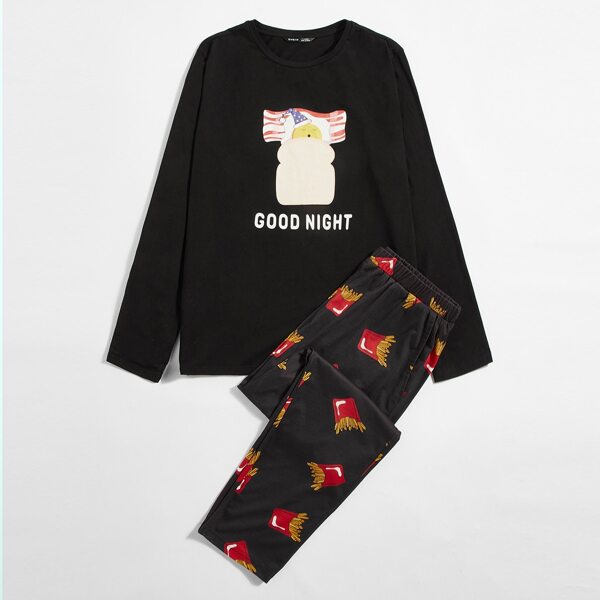 

Men Cartoon & Slogan Graphic Top & Pants PJ Set, Black