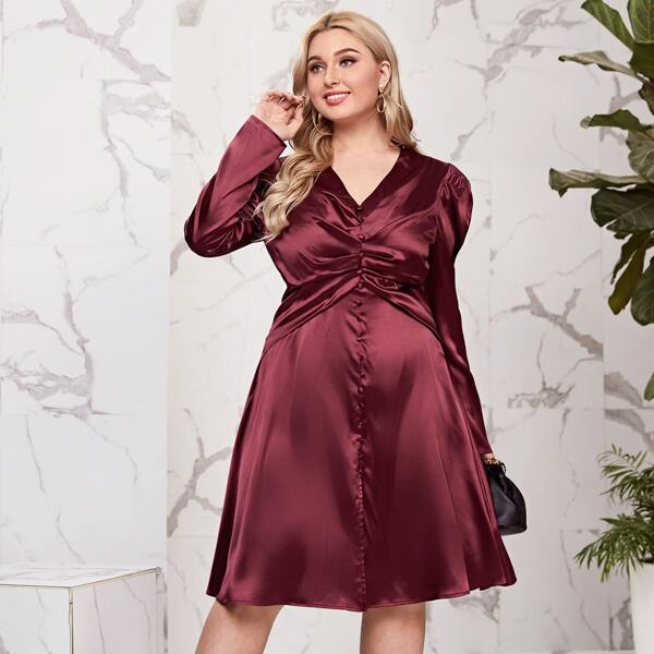 

Plus Gigot Sleeve Ruched Button Front Dress, Maroon