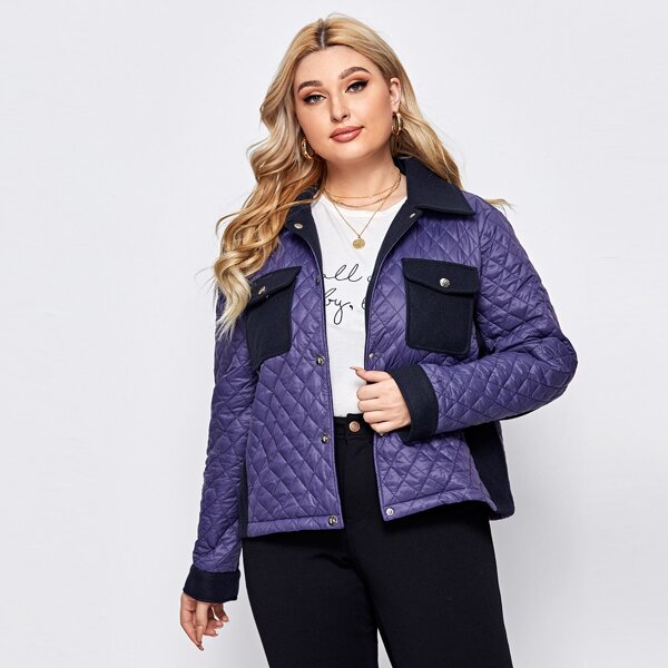 

Plus Contrast Flap Pocket Quilted Jacket, Violet purple