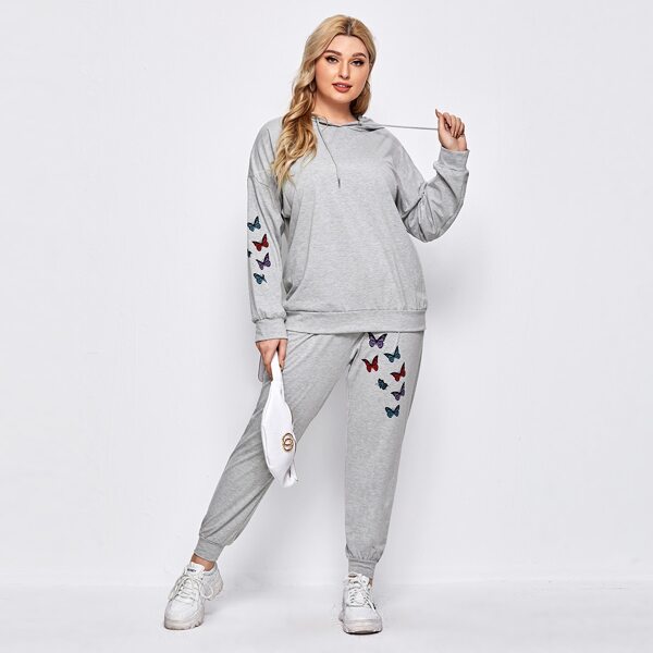 

Plus Butterfly Print Hoodie & Sweatpants, Light grey