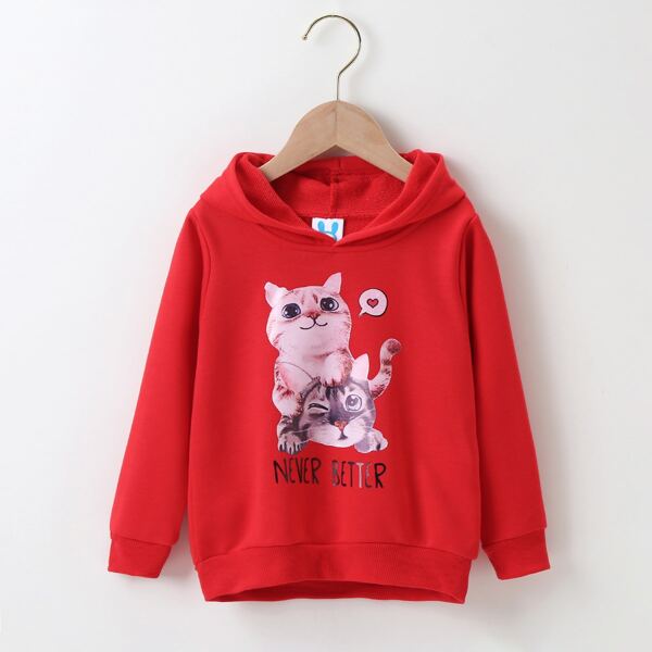 

Girls Cat & Slogan Graphic Hoodie, Red