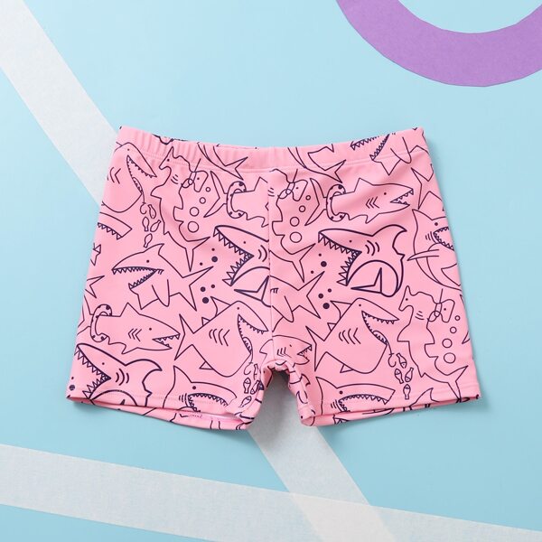 

Boys Cartoon Shark Print Swim Shorts, Pink
