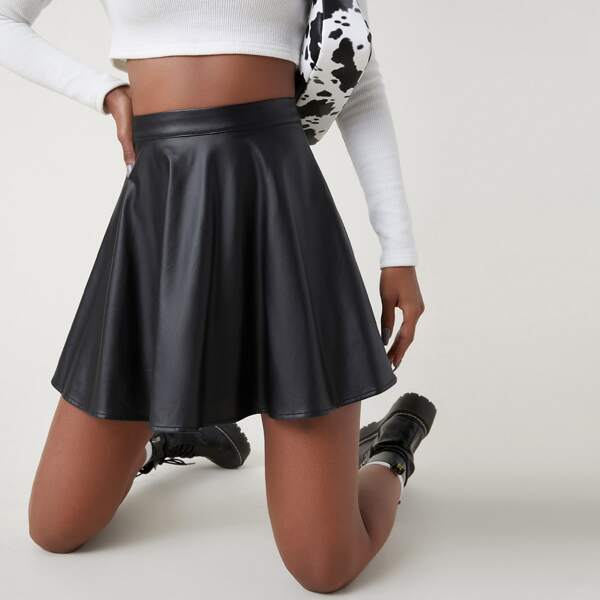 

PU Leather Skater Skirt, Black