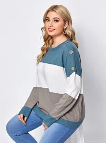 SHEIN Unity 大碼紐扣肩拼色毛衣 - 彩色 - 查看 3