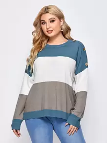 SHEIN Unity 大碼紐扣肩拼色毛衣 - 彩色 - 查看 1