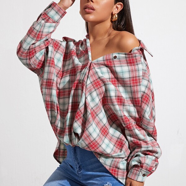 

Drop Shoulder Tartan Oversized Blouse, Multicolor