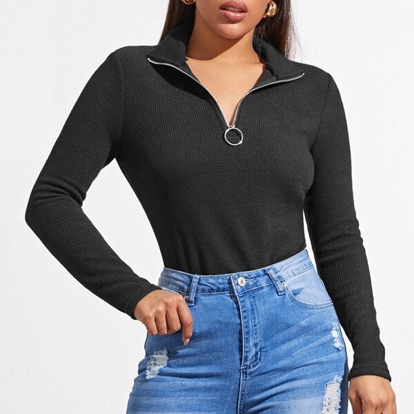 

Zip Half Placket Rib-knit Sweater, Black