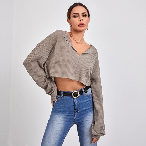 

Drop Shoulder Raw Hem Waffle Knit Tee, Mocha brown