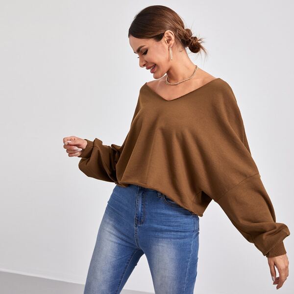 

Drop Shoulder Raw Hem Pullover, Brown