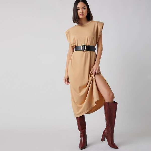 

Shoulder Pad Solid Dress Without Belt, Khaki