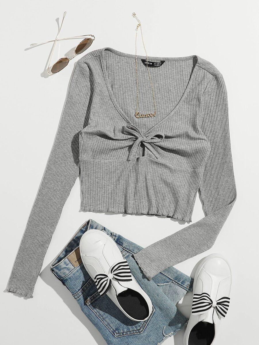 SHEIN EZwear 生菜邊前結飾羅紋針織T恤 - 灰色 - 查看 1