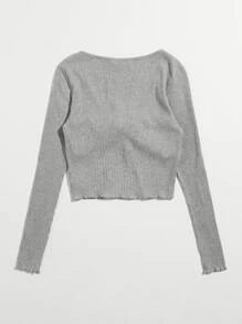 SHEIN EZwear 生菜邊前結飾羅紋針織T恤 - 灰色 - 查看 2