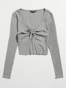 SHEIN EZwear 生菜邊前結飾羅紋針織T恤 - 灰色 - 查看 4