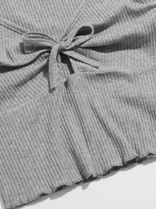 SHEIN EZwear 生菜邊前結飾羅紋針織T恤 - 灰色 - 查看 5