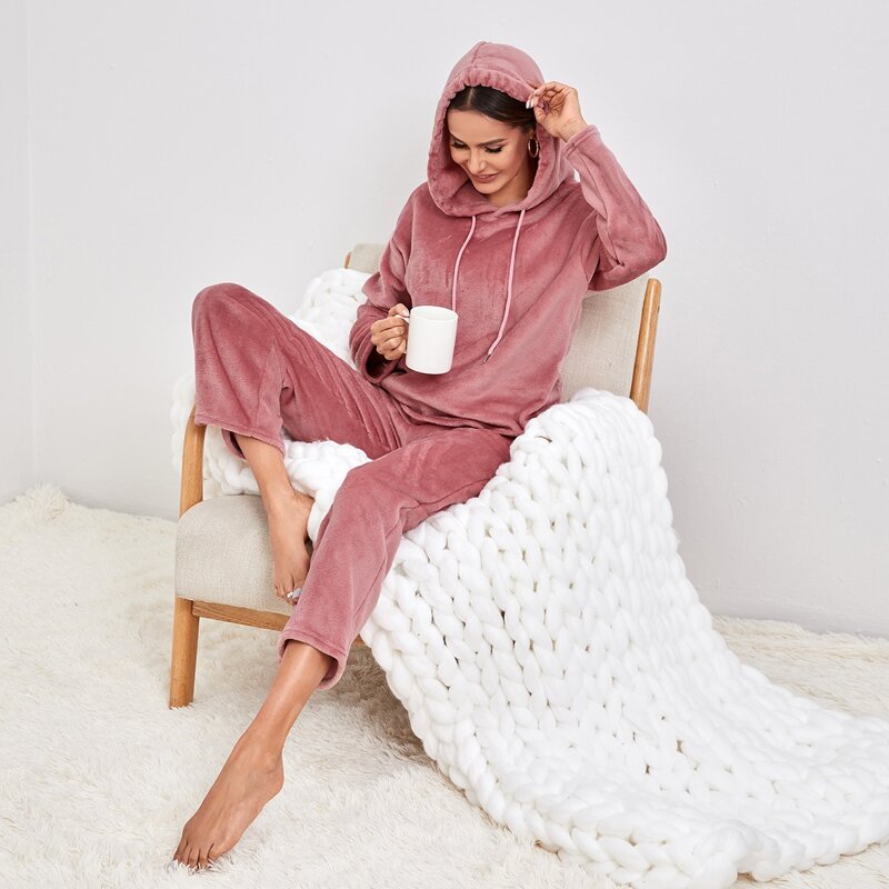

Solid Drawstring Hooded Flannel Lounge Set, Dusty pink