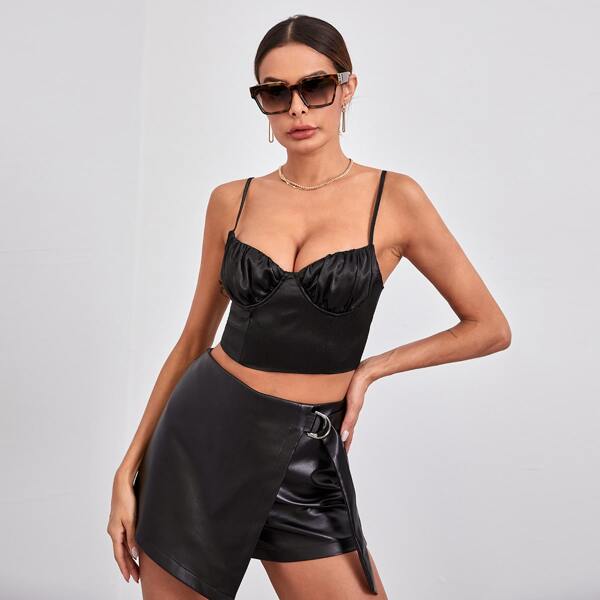 

Ruched Bust Lace Up Backless Satin Crop Cami Top, Black