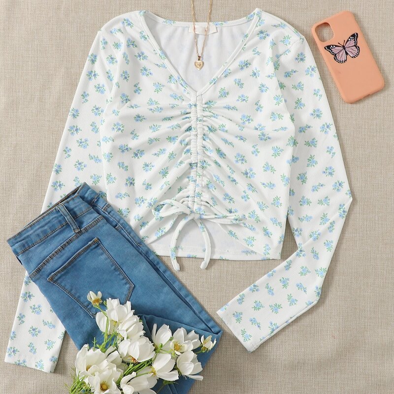 

Ditsy Floral Drawstring Crop Tee, White