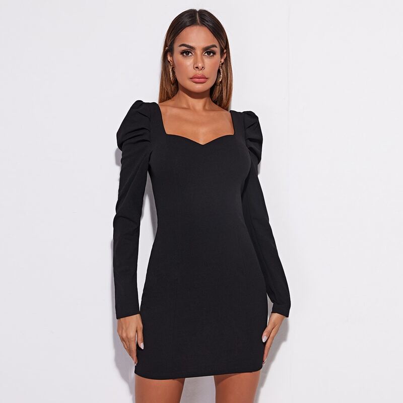 

Sweetheart Neck Gigot Sleeve Dress, Black