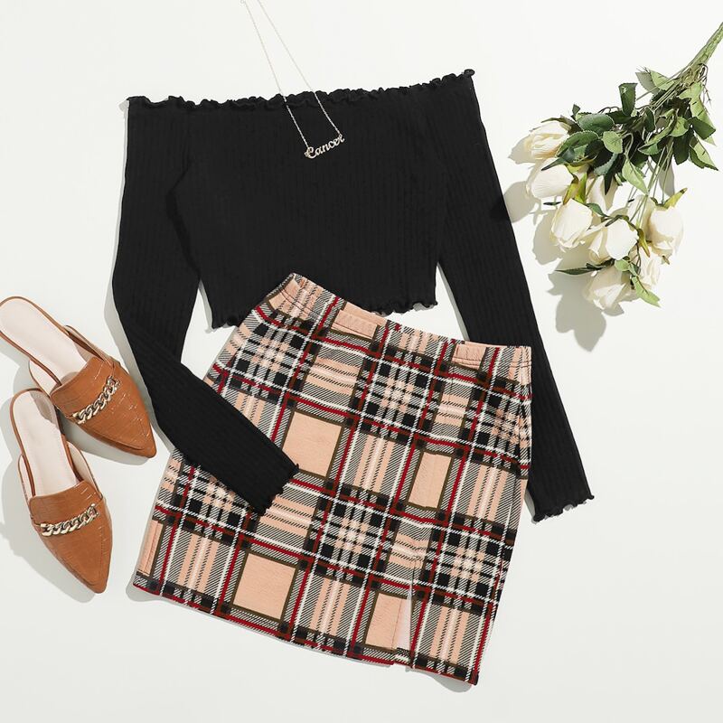 

Crop Bardot Top & Plaid Skirt, Multicolor