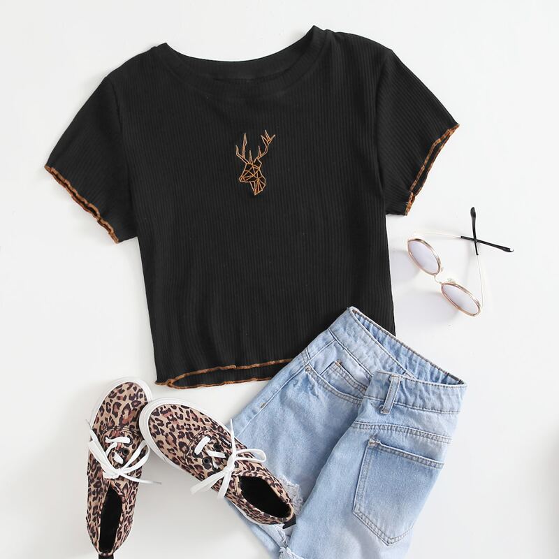 

Deer Embroidery Rib Tee, Black