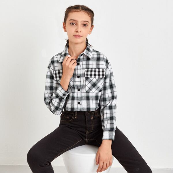 

Girls Flap Pocket Drop Shoulder Tartan Blouse, Black and white