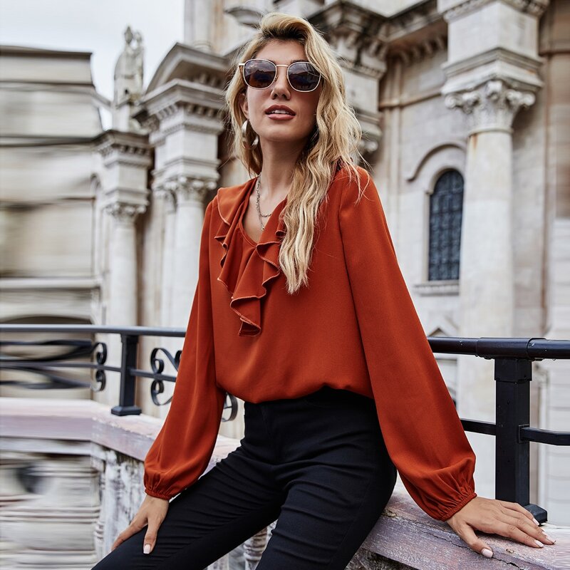 

Ruffle Trim Bishop Sleeve Blouse, Burnt orange