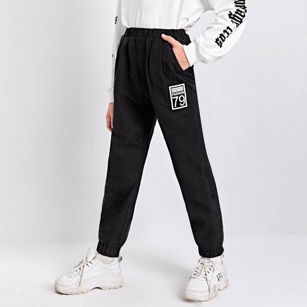 

Boys Letter Patched Slant Pocket Pants, Black