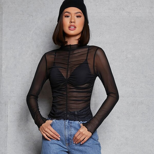 

Lettuce Edge Ruched Front Mesh Top Without Bra, Black