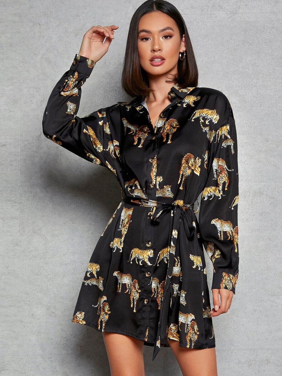 SHEIN Tiger Print Drop Shoulder Self Belted Shirt Dress - Black - View 1