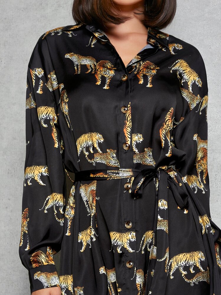zara tiger shirt dress ZARA Tiger Print Midi Shirt Dress Green Safari Chic Resort Women M Dolman  Sleeve