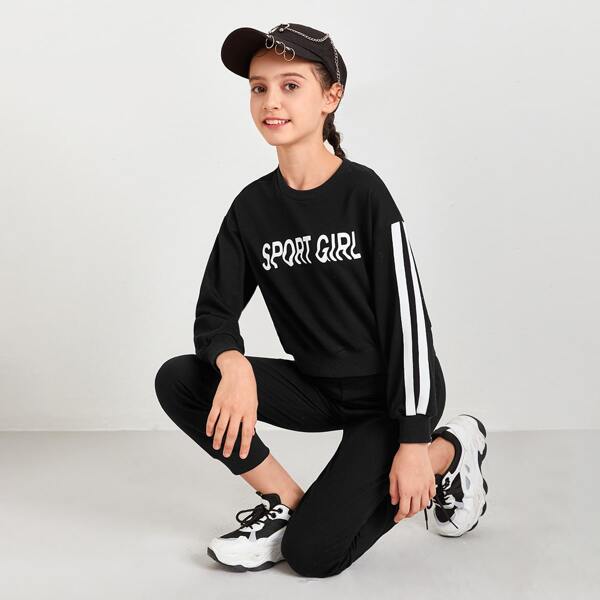 

Girls Letter Graphic Striped Side Pullover and Joggers Set, Black